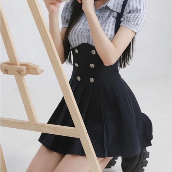 Four Corners Vintage 80s Pleated Knit Overalls Black Dress Gold Accent Buttons - Picture 2 of 11